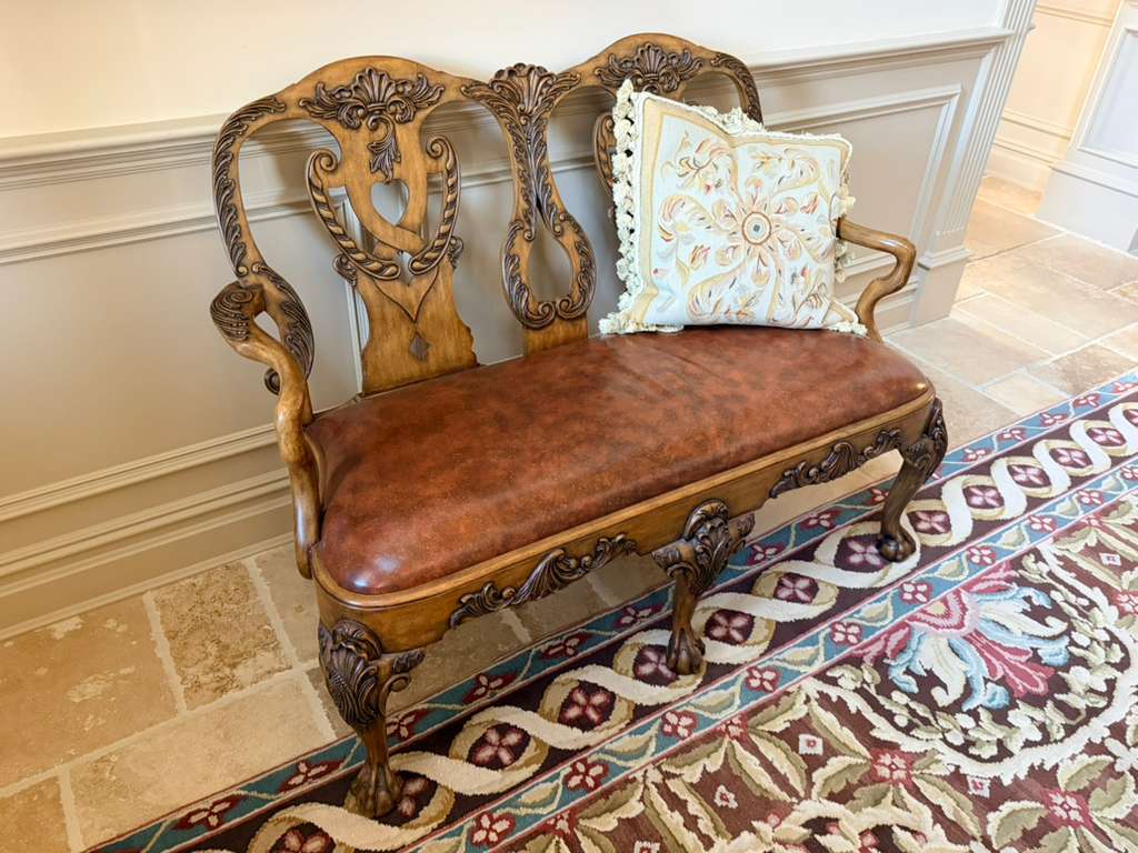 Maitland-Smith Hand-Carved Wooden Bench with Leather Seat