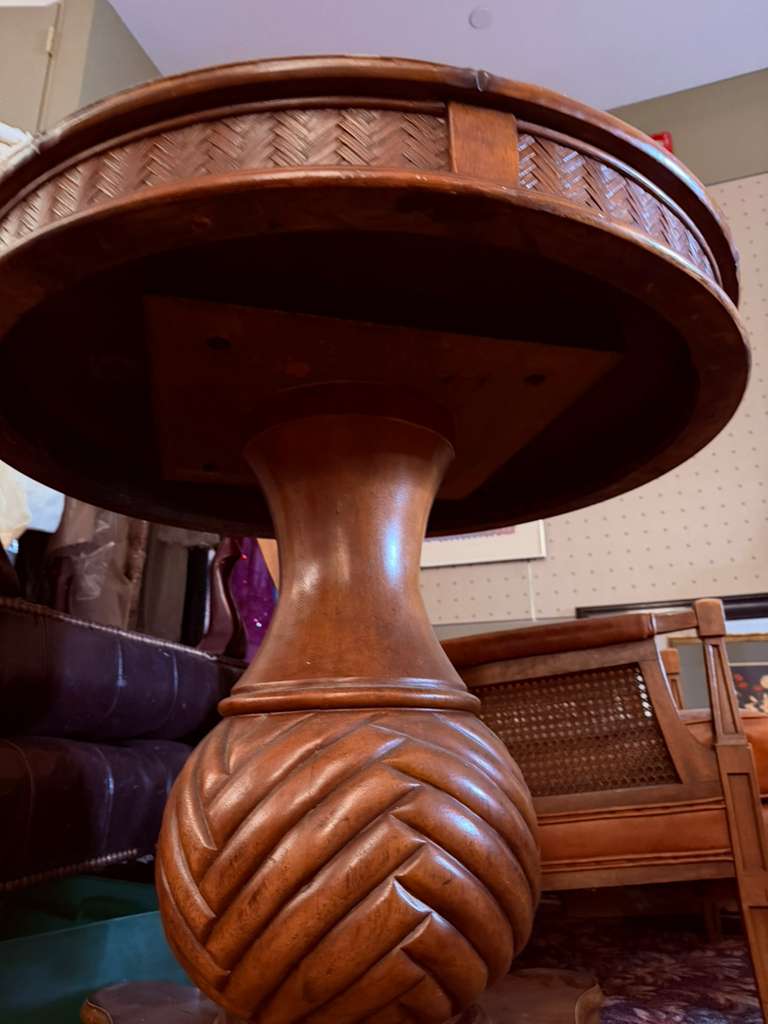 Vintage Tommy Bahama Solid Wood Round Pedestal Table Woven Top Mid Century Style