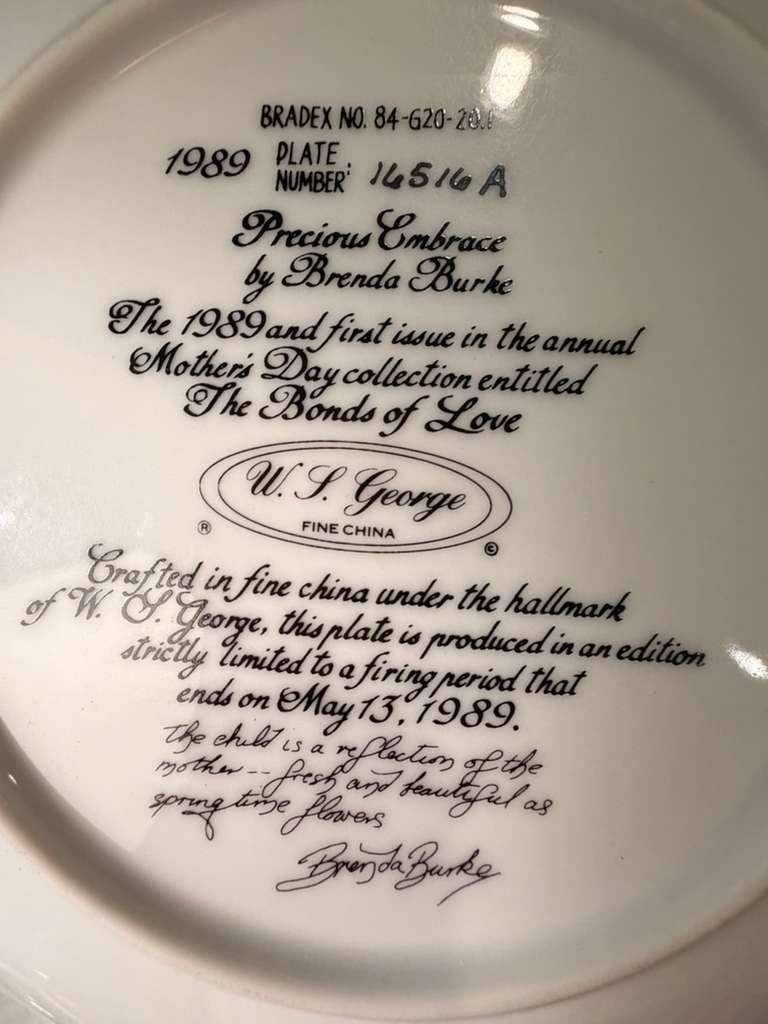 W S George Precious Embrace Plate 1989 Brenda Burke Mothers Day Limited