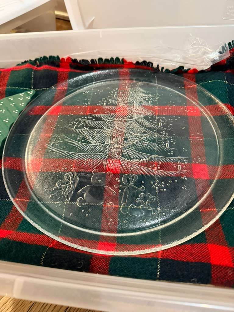 Vintage Christmas Tree Glass Platter Clear Embossed Holiday Serving Tray Plate