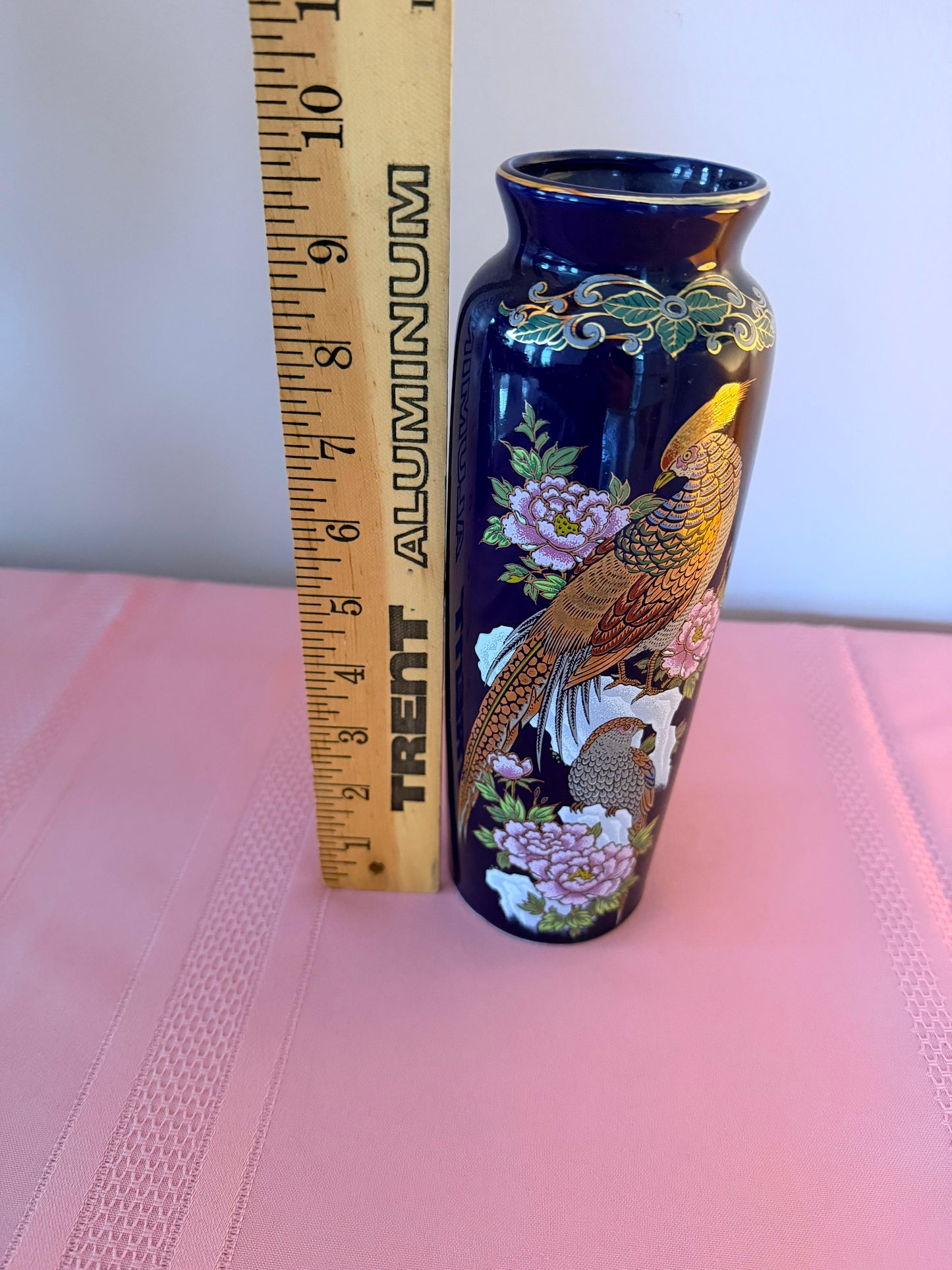 Vintage Japanese Cobalt Blue Vase Gold Pheasant Peony 10” Japan