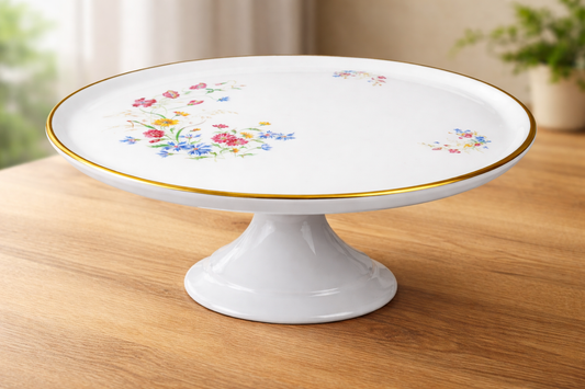 Tharaud Limoges French Porcelain Pedestal Cake Stand Floral Gold Rim ~13”