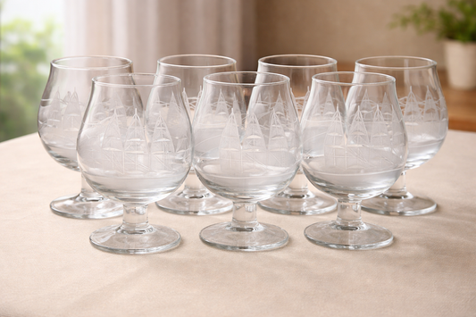 Vintage Etched Nautical Brandy Snifter Glasses | Sailing Ship Design | Set of 6