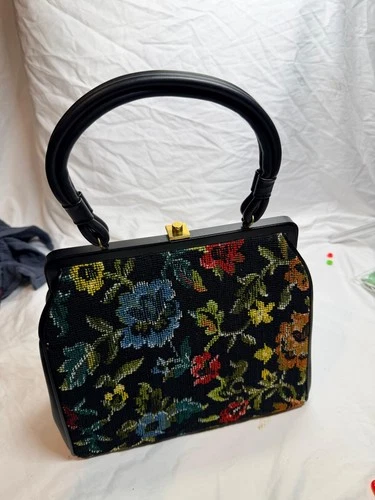 Vintage Floral Tapestry Top Handle Purse Black Frame Handbag Classic Retro