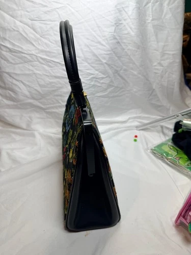 Vintage Floral Tapestry Top Handle Purse Black Frame Handbag Classic Retro