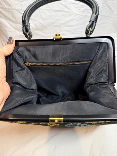 Vintage Floral Tapestry Top Handle Purse Black Frame Handbag Classic Retro