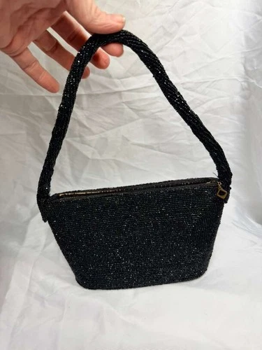 Vintage Black Beaded Evening Purse Waldes USA Zip Handmade Mid Century Bag