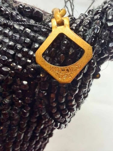 Vintage Black Beaded Evening Purse Waldes USA Zip Handmade Mid Century Bag