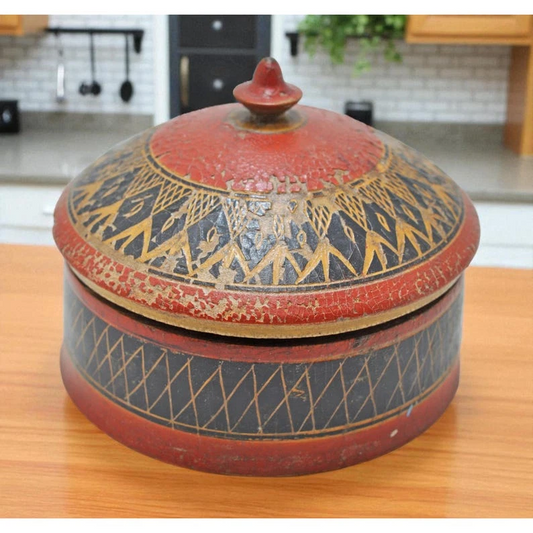 Antique Wooden Lacquerware Round Box Original Old Hand Carved
