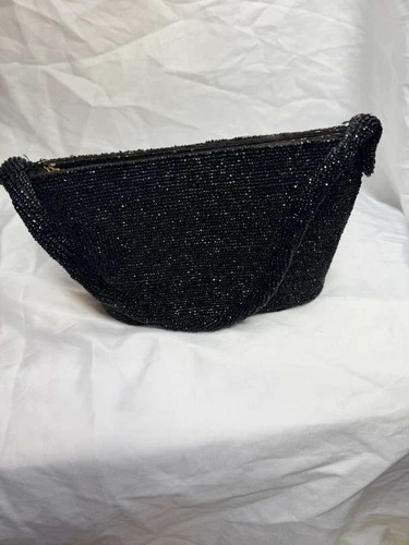 Vintage Black Beaded Evening Purse Waldes USA Zip Handmade Mid Century Bag