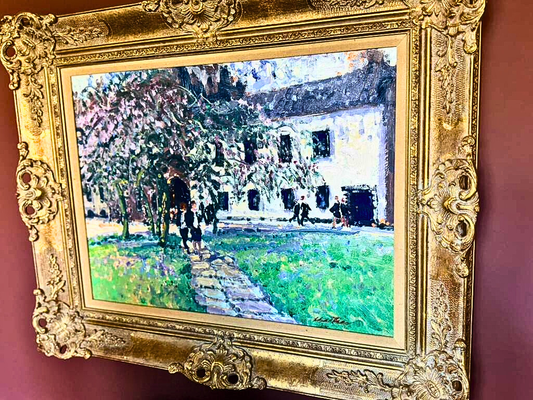 Vintage Impressionist Courtyard Painting Signed Artwork in Ornate Gold Frame