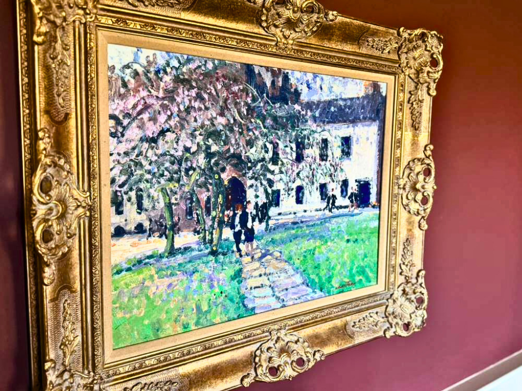 Vintage Impressionist Courtyard Painting Signed Artwork in Ornate Gold Frame