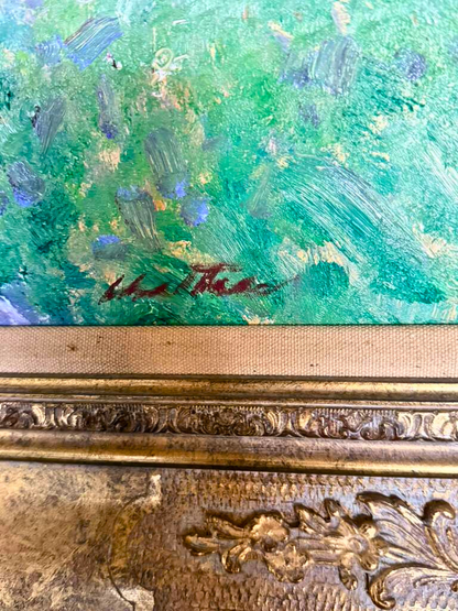 Vintage Impressionist Courtyard Painting Signed Artwork in Ornate Gold Frame
