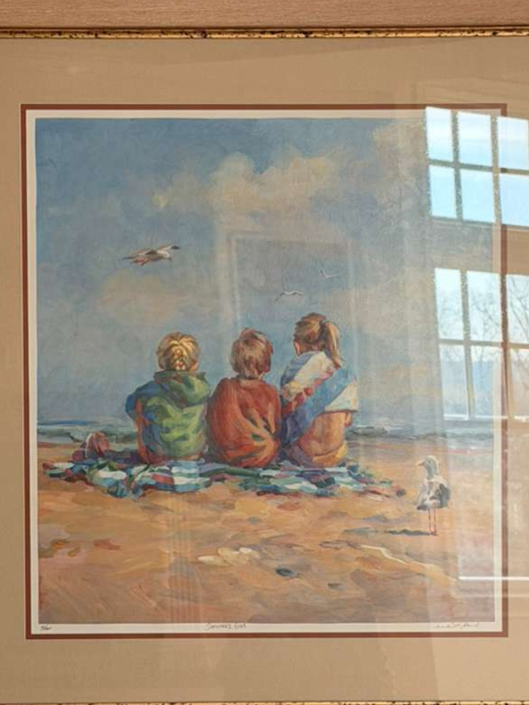 Charming Coastal Children Beach Scene Artwork in Classic Framed Wall Art