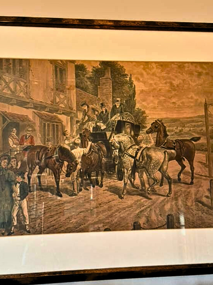 Beautiful Antique Chromolithograph and Oil Paint English Horse Coach Village 1