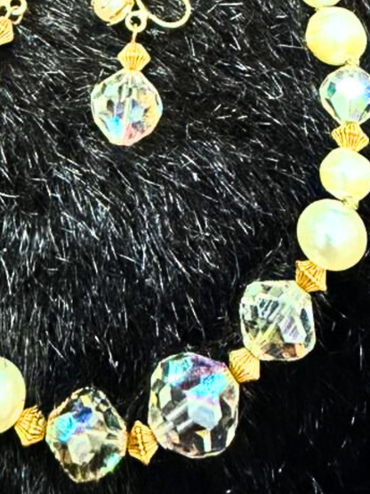 Gold Tone Vintage Pearl & Crystal Necklace Set  with Matching Earrings | Elegant Evening Jewelry