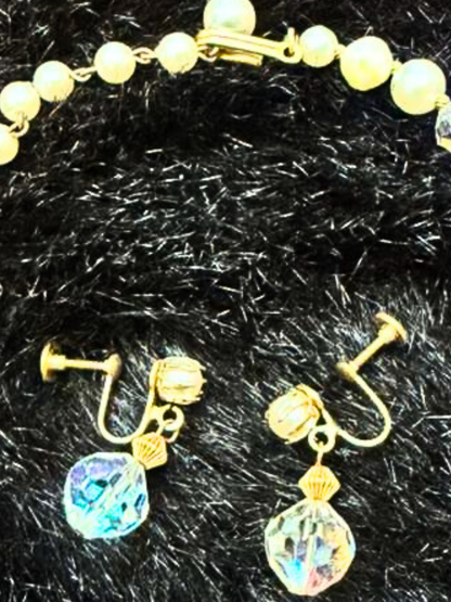 Gold Tone Vintage Pearl & Crystal Necklace Set  with Matching Earrings | Elegant Evening Jewelry