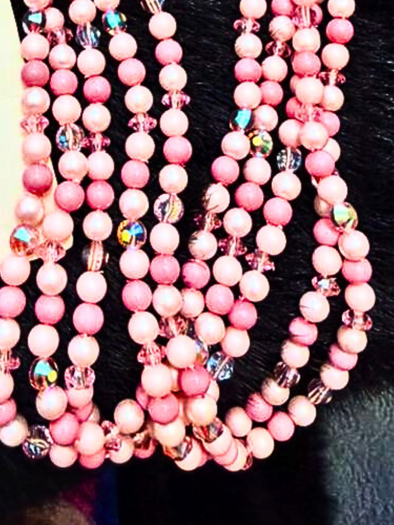 Vintage Pink Multi-Strand Beaded Necklace Set with Cluster Earrings | Mid-Century Costume Jewelry