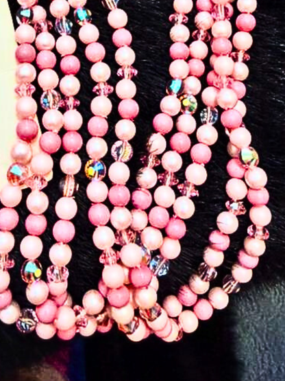 Vintage Pink Multi-Strand Beaded Necklace Set with Cluster Earrings | Mid-Century Costume Jewelry