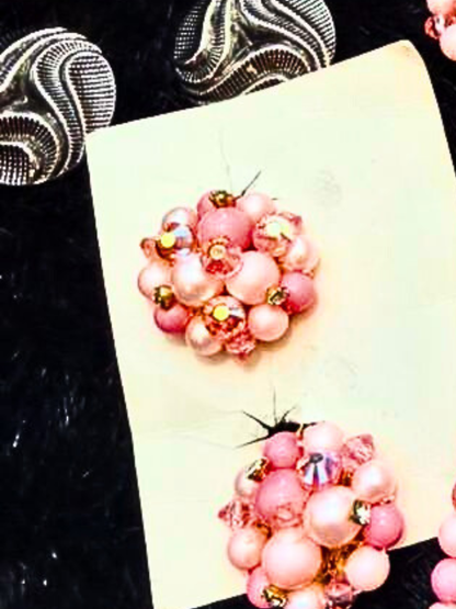 Vintage Pink Multi-Strand Beaded Necklace Set with Cluster Earrings | Mid-Century Costume Jewelry