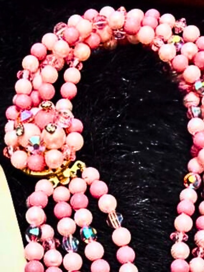 Vintage Pink Multi-Strand Beaded Necklace Set with Cluster Earrings | Mid-Century Costume Jewelry