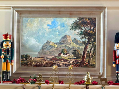 Timeless European Coastal Landscape Painting with Mountains & Village in Elegant Silver Frame