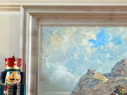 Timeless European Coastal Landscape Painting with Mountains & Village in Elegant Silver Frame