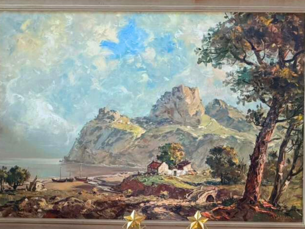 Timeless European Coastal Landscape Painting with Mountains & Village in Elegant Silver Frame