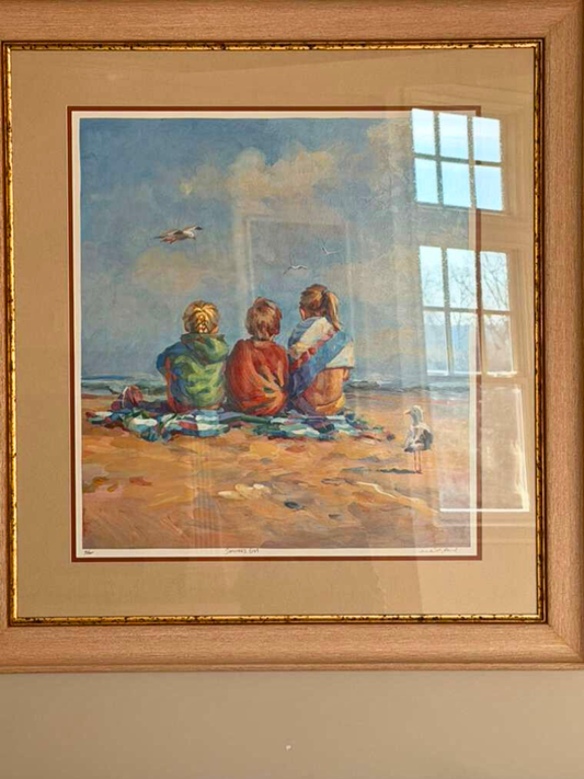 Charming Coastal Children Beach Scene Artwork in Classic Framed Wall Art