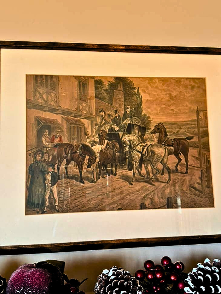 Beautiful Antique Chromolithograph and Oil Paint English Horse Coach Village 1