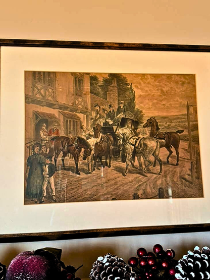 Beautiful Antique Chromolithograph and Oil Paint English Horse Coach Village 1