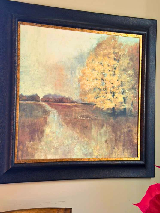 Serene Autumn Landscape Painting with Golden Tree | Classic Framed Wall Art