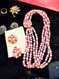 Vintage Pink Multi-Strand Beaded Necklace Set with Cluster Earrings | Mid-Century Costume Jewelry