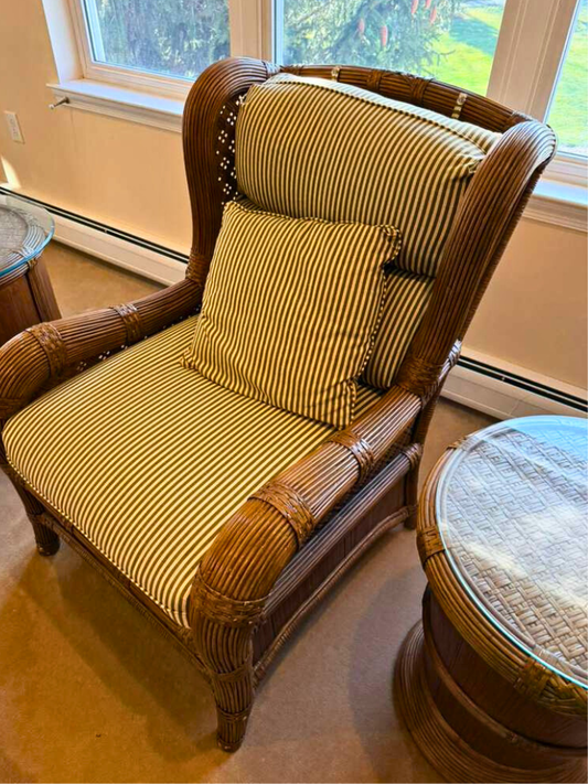 Vintage Wicker Rattan Wingback Armchair with Cushion & Side Table