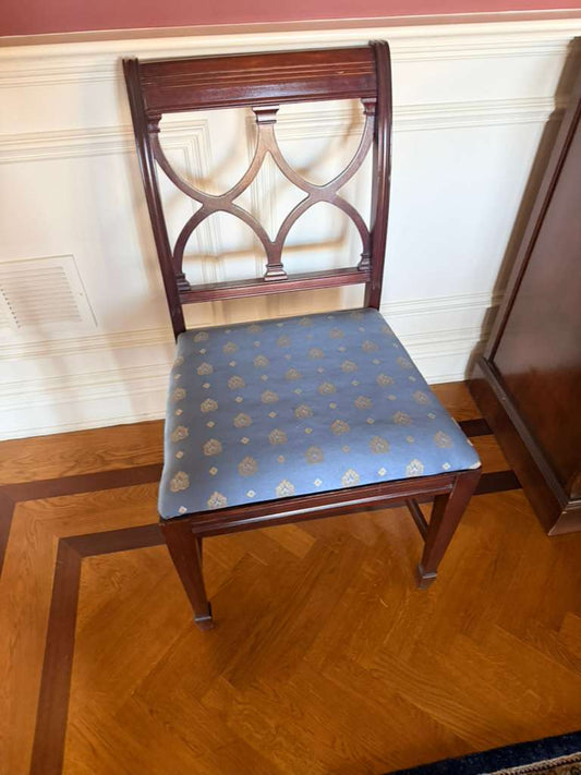 Set Of 4 Modern Inlaid Mahogany Dining Room Chairs with Dark Walnut Finish & Blue Upholstered Seats