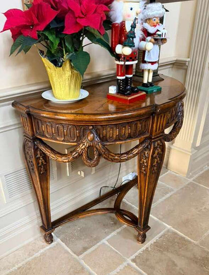 Vintage Demi-Lune Wooden Console Table with Ornate Hand-Carved Details