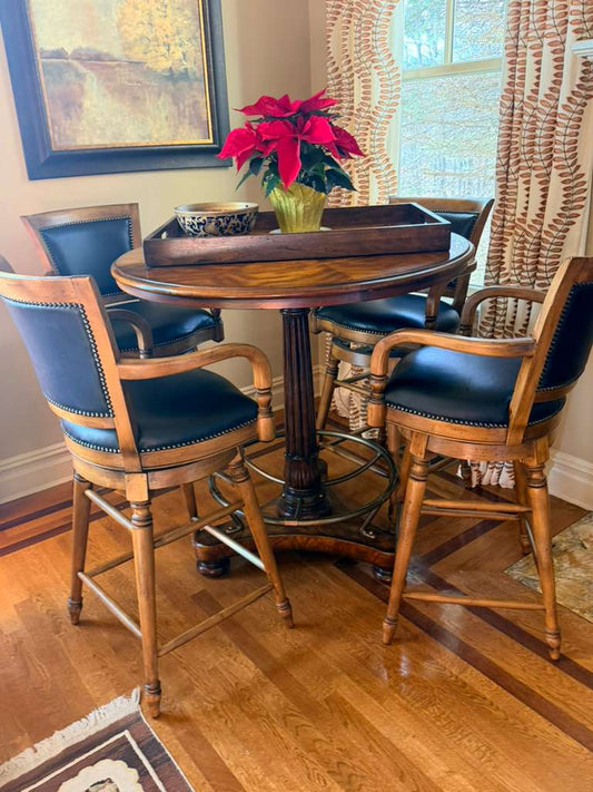 Round Wooden Pedestal Dining Table with 4 Upholstered Chairs | Classic Pub-Style Dining Set