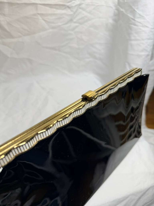 Vintage Black Patent Clutch Purse w/ Gold Scalloped Frame & Gingham Lining 1960s