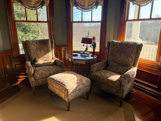 Vintage Upholstered Wingback Armchair with Matching Ottoman – Classic Elegant Style