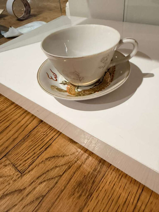 Hand-Painted Dragon Designed Vintage Japanese Porcelain Tea Cup & Saucer Set