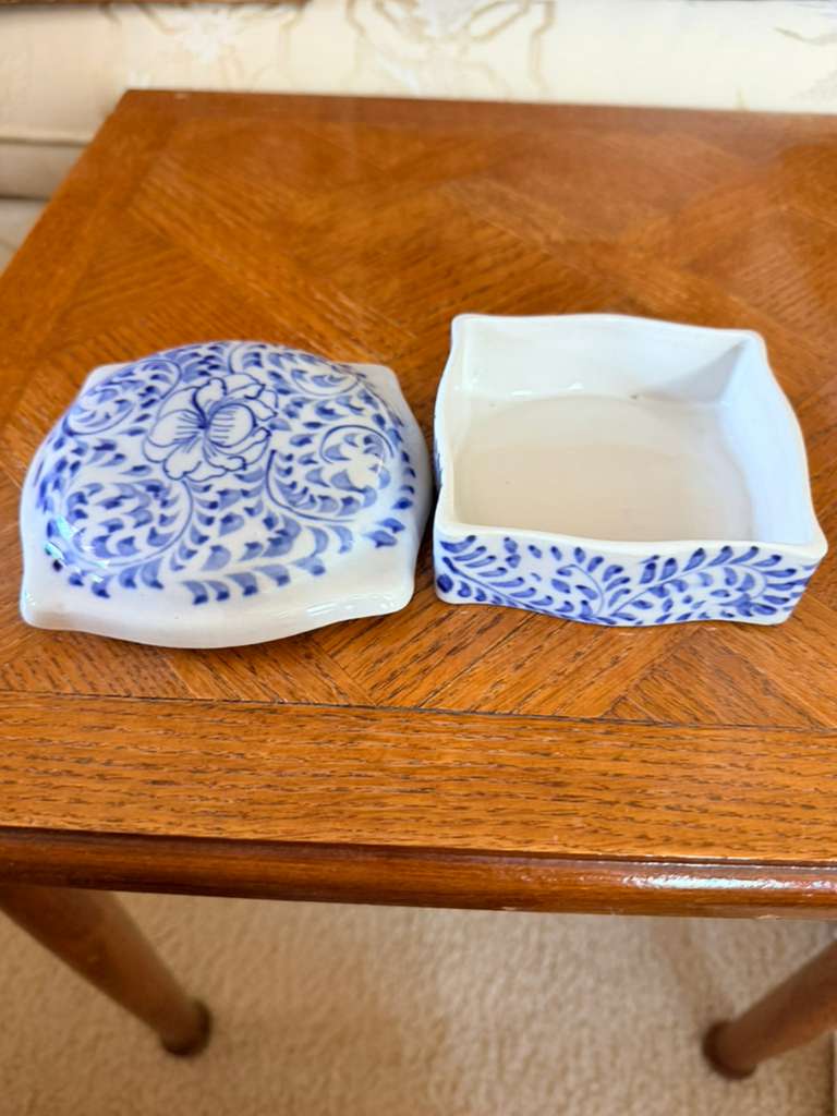Blue White Floral Ceramic Trinket Box Lidded Square Decorative Vanity Box