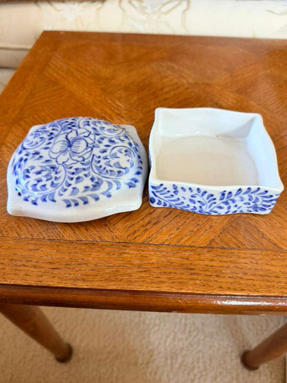Blue White Floral Ceramic Trinket Box Lidded Square Decorative Vanity Box