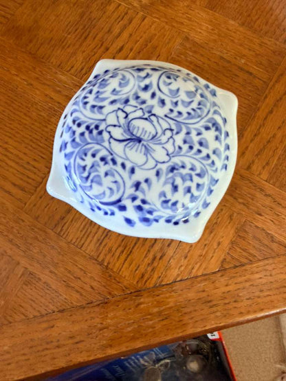 Blue White Floral Ceramic Trinket Box Lidded Square Decorative Vanity Box