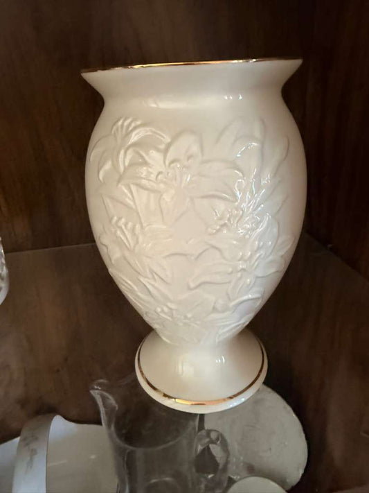 Vintage Lenox Ivory Porcelain Vase Embossed Floral Gold Trim Made in USA