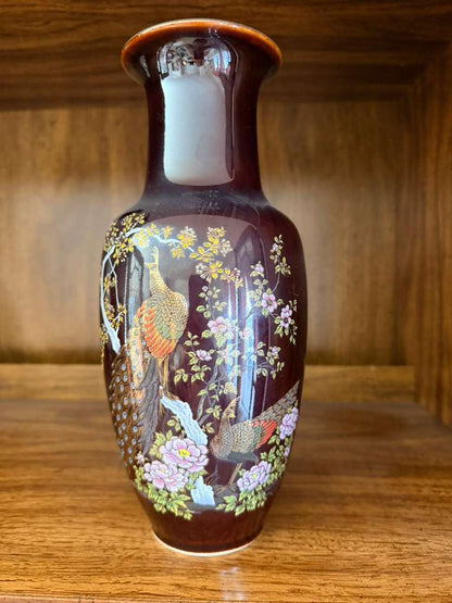 Vintage Brown Peacock Floral Brown Gold Painted Japanese Vase 11" Tall