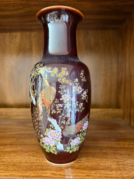 Vintage Brown Peacock Floral Brown Gold Painted Japanese Vase 11" Tall