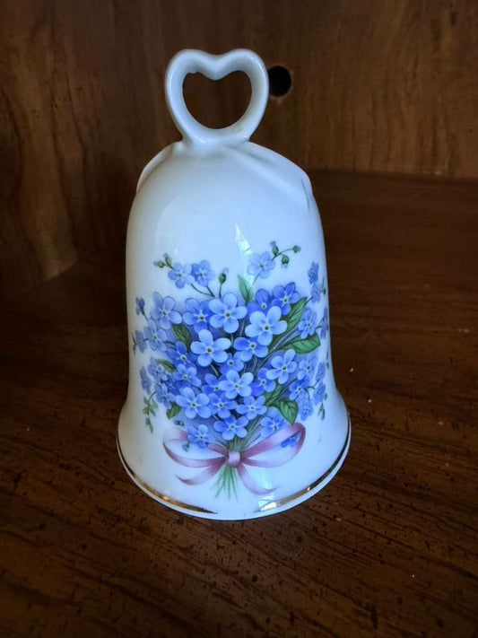 Vintage Porcelain Floral Bell with Heart Handle | Blue Flower Decorative Hanging