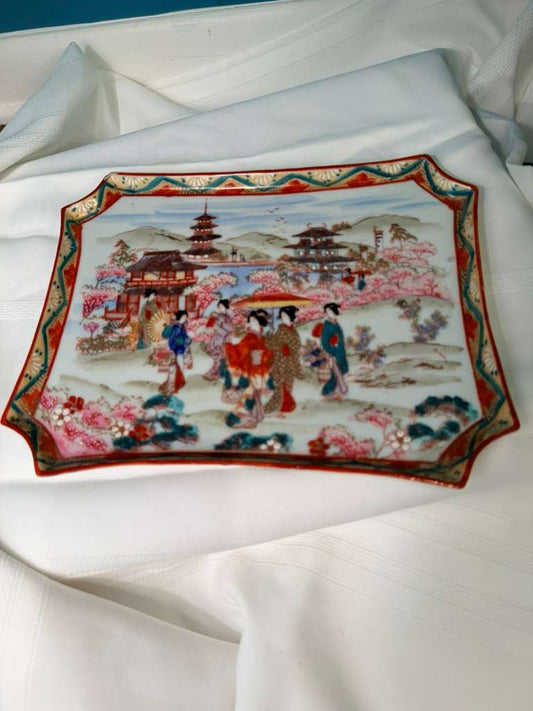 Vintage Japanese Porcelain Rectangular Plate Geisha Scene Made in Japan