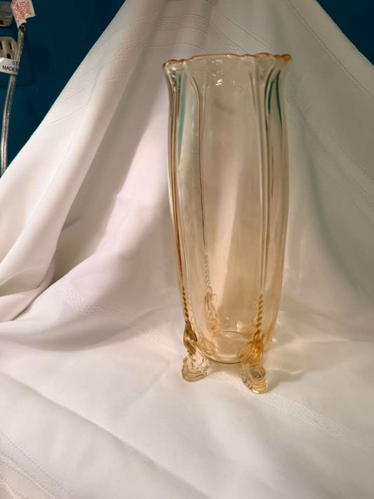 Vintage Amber Glass Footed Vase Scalloped Rim Art Glass Decorative