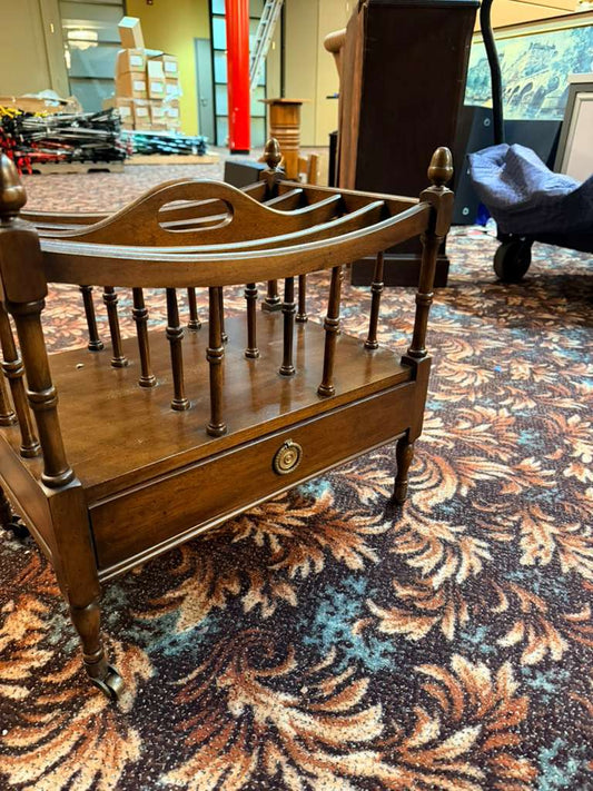 Vintage Wooden Magazine Rack Table With Drawer Rolling Casters Solid Wood